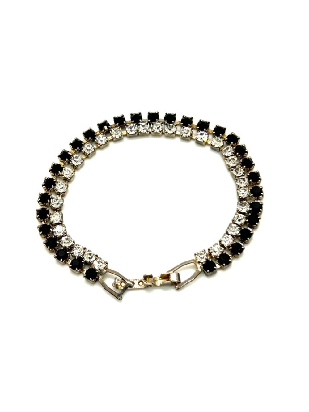 Vintage Tennis Bracelet With Black & Clear Rhinestones Silver Tone 6.5 Inches Lo - Picture 4 of 11